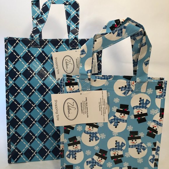 Gift Bags Valerie Parr Hill Shop Tote Roling Blue Snowman Christmas Plaid LOT 6 - Picture 3 of 11